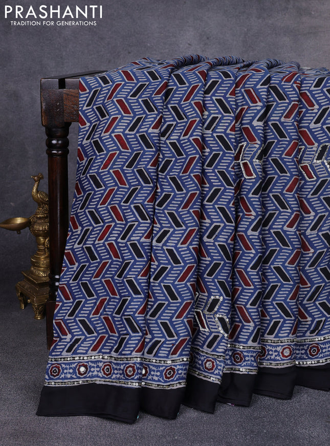 Modal silk saree indigo blue and black with allover ajrakh prints & sequin work and mirror sequin work pallu