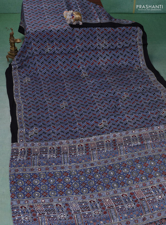 Modal silk saree indigo blue and black with allover ajrakh prints & sequin work and mirror sequin work pallu