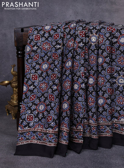 Modal silk saree black with allover ajrakh prints & sequin work and mirror sequin work pallu