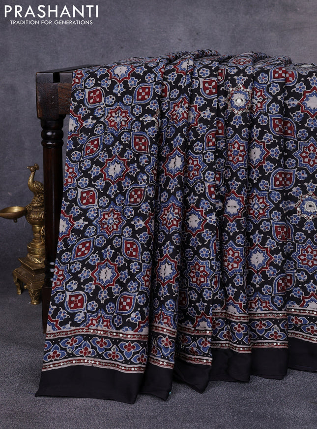 Modal silk saree black with allover ajrakh prints & sequin work and mirror sequin work pallu