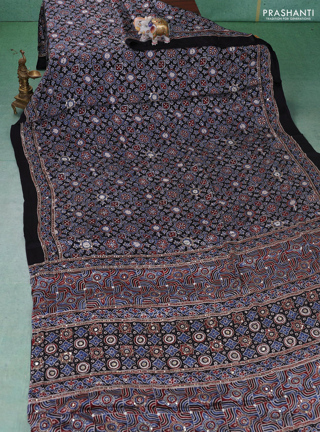 Modal silk saree black with allover ajrakh prints & sequin work and mirror sequin work pallu