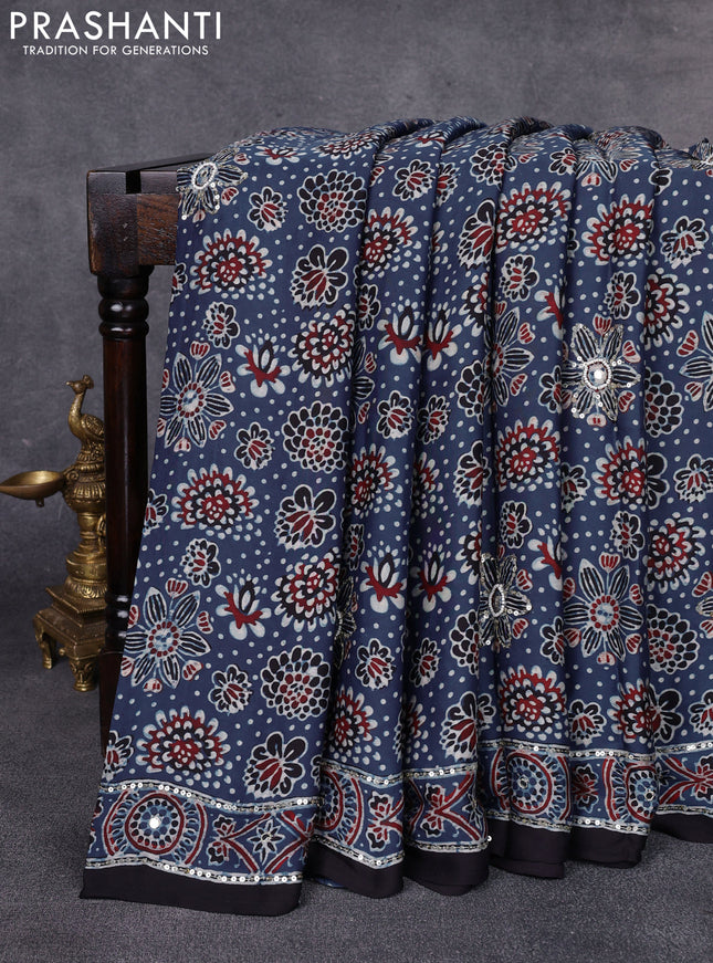 Modal silk saree indigo blue and black with allover ajrakh prints & sequin work and mirror sequin work pallu