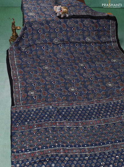 Modal silk saree indigo blue and black with allover ajrakh prints & sequin work and mirror sequin work pallu