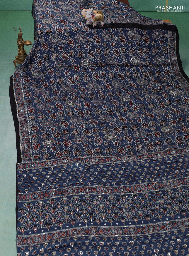 Modal silk saree indigo blue and black with allover ajrakh prints & sequin work and mirror sequin work pallu