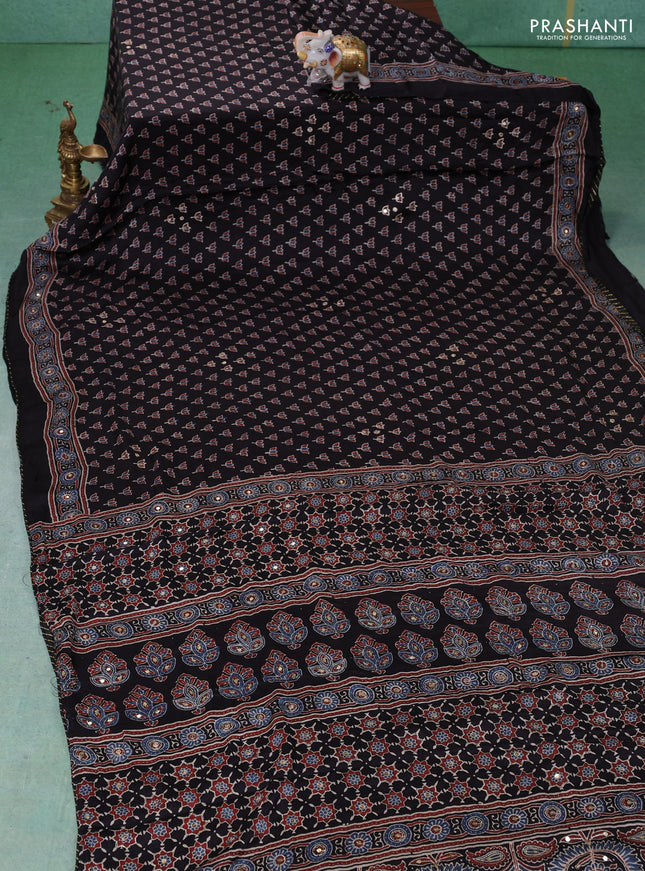 Modal silk saree black with allover ajrakh butta prints & sequin work and mirror sequin work pallu