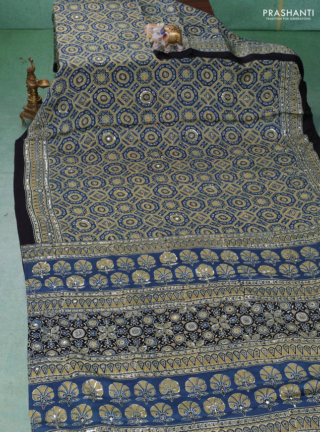 Modal silk saree beige and black with allover ajrakh prints & sequin work and mirror sequin work pallu