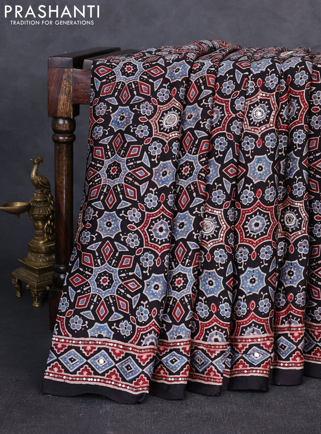 Modal silk saree black with allover ajrakh prints & sequin work and mirror sequin work pallu