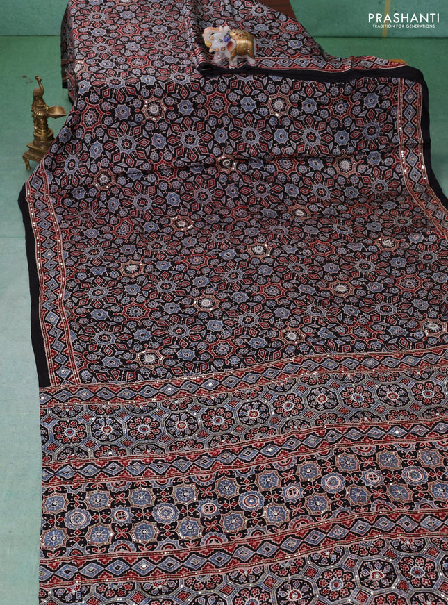 Modal silk saree black with allover ajrakh prints & sequin work and mirror sequin work pallu