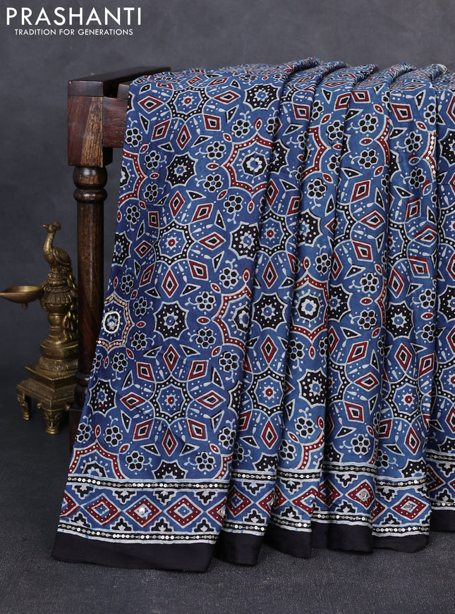 Modal silk saree indigo blue and black with allover ajrakh prints & sequin work and mirror sequin work pallu