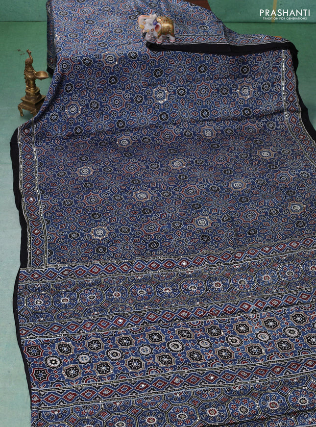 Modal silk saree indigo blue and black with allover ajrakh prints & sequin work and mirror sequin work pallu