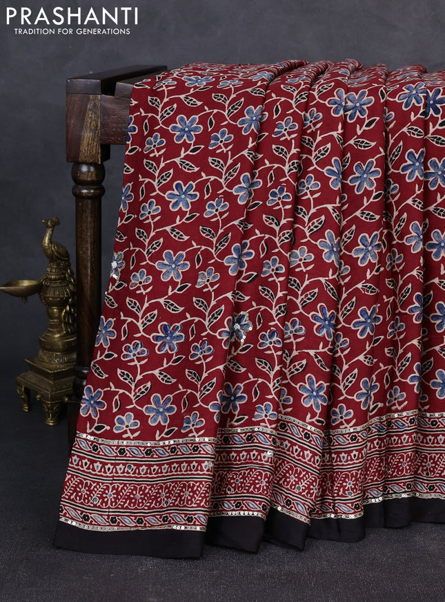 Modal silk saree maroon and black with allover ajrakh prints & sequin work and mirror sequin work pallu
