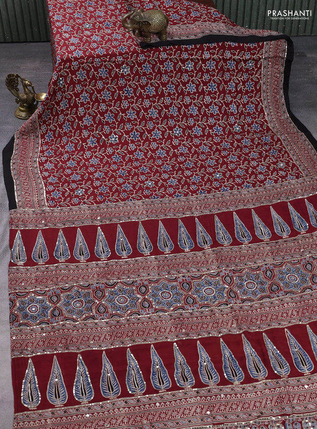 Modal silk saree maroon and black with allover ajrakh prints & sequin work and mirror sequin work pallu
