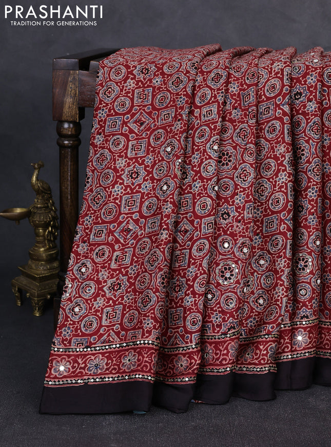 Modal silk saree maroon and black with allover ajrakh prints & sequin work and mirror sequin work pallu
