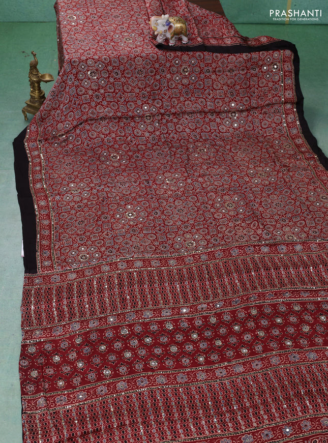 Modal silk saree maroon and black with allover ajrakh prints & sequin work and mirror sequin work pallu
