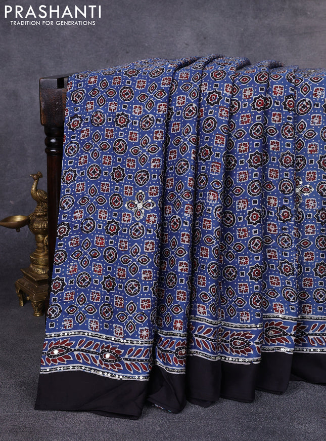 Modal silk saree indigo blue and black with allover ajrakh prints & sequin work and mirror sequin work pallu