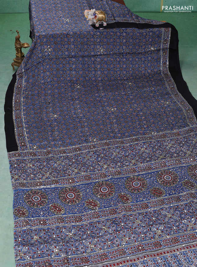 Modal silk saree indigo blue and black with allover ajrakh prints & sequin work and mirror sequin work pallu