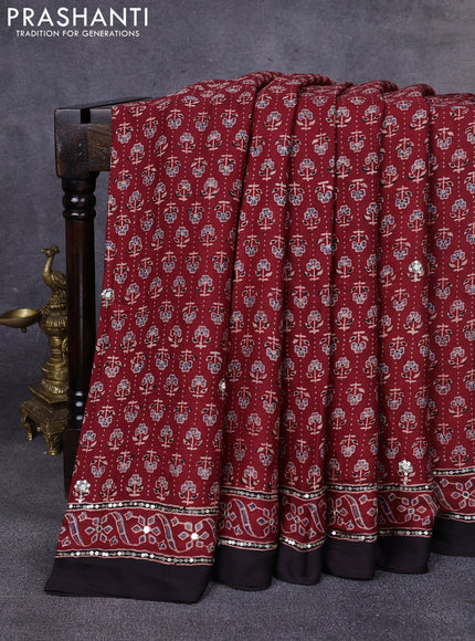 Modal silk saree maroon and black with allover ajrakh prints & sequin work and mirror sequin work pallu