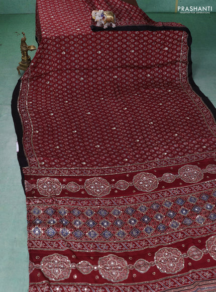 Modal silk saree maroon and black with allover ajrakh prints & sequin work and mirror sequin work pallu