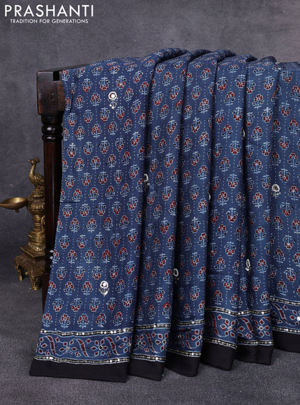 Modal silk saree indigo blue and black with allover ajrakh prints & sequin work and mirror sequin work pallu