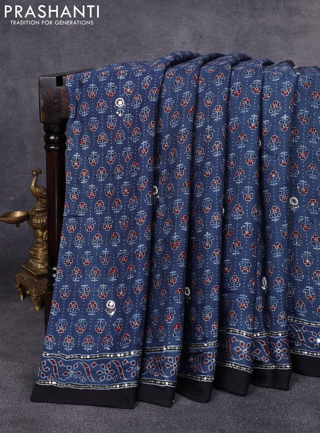 Modal silk saree indigo blue and black with allover ajrakh prints & sequin work and mirror sequin work pallu