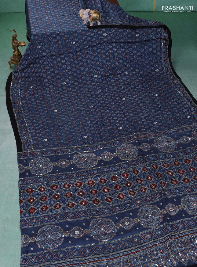 Modal silk saree indigo blue and black with allover ajrakh prints & sequin work and mirror sequin work pallu