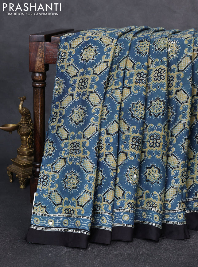 Modal silk saree indigo blue and black with allover ajrakh prints & sequin work and mirror sequin work pallu