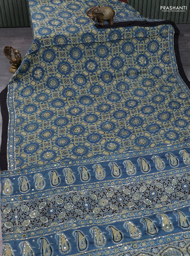 Modal silk saree indigo blue and black with allover ajrakh prints & sequin work and mirror sequin work pallu