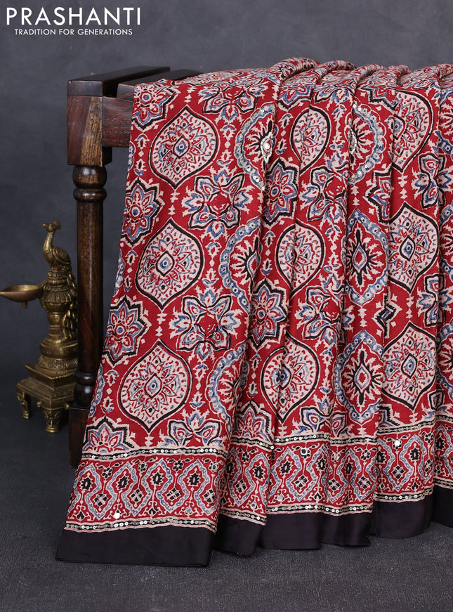 Modal silk saree maroon and black with allover ajrakh prints & sequin work and mirror sequin work pallu