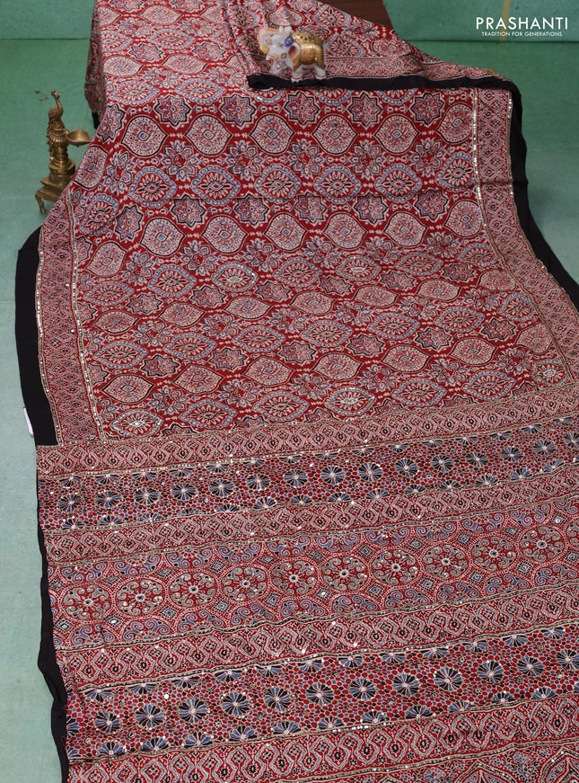 Modal silk saree maroon and black with allover ajrakh prints & sequin work and mirror sequin work pallu