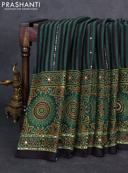 Modal silk saree green and black with allover ajrakh prints & sequin work and mirror sequin work pallu