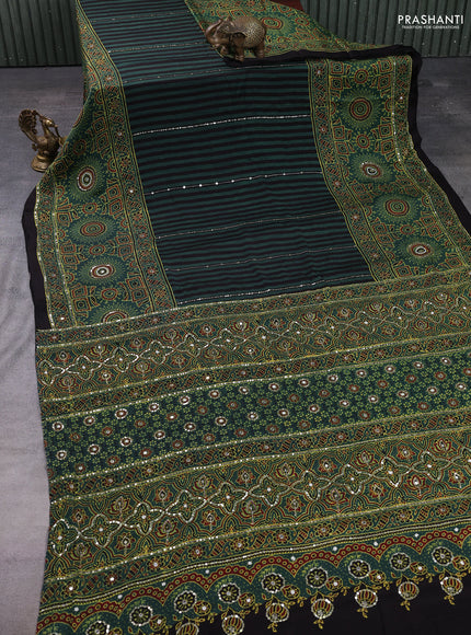 Modal silk saree green and black with allover ajrakh prints & sequin work and mirror sequin work pallu