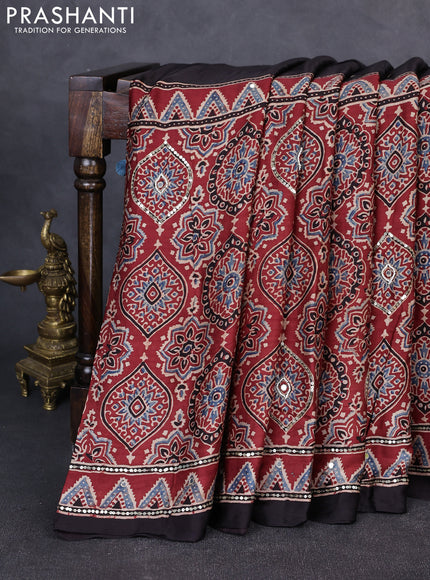 Modal silk saree maroon and black with allover ajrakh prints & sequin work and mirror sequin work pallu
