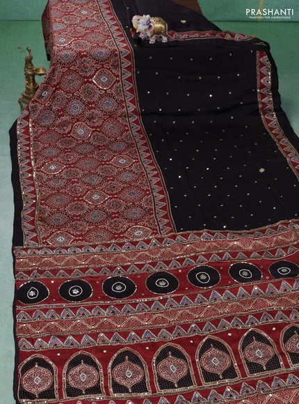 Modal silk saree maroon and black with allover ajrakh prints & sequin work and mirror sequin work pallu