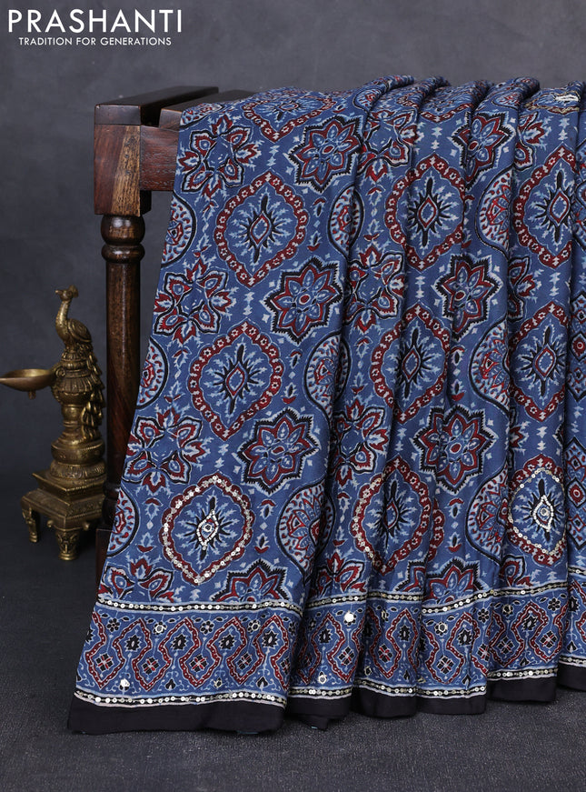 Modal silk saree indigo blue and black with allover ajrakh prints & sequin work and mirror sequin work pallu
