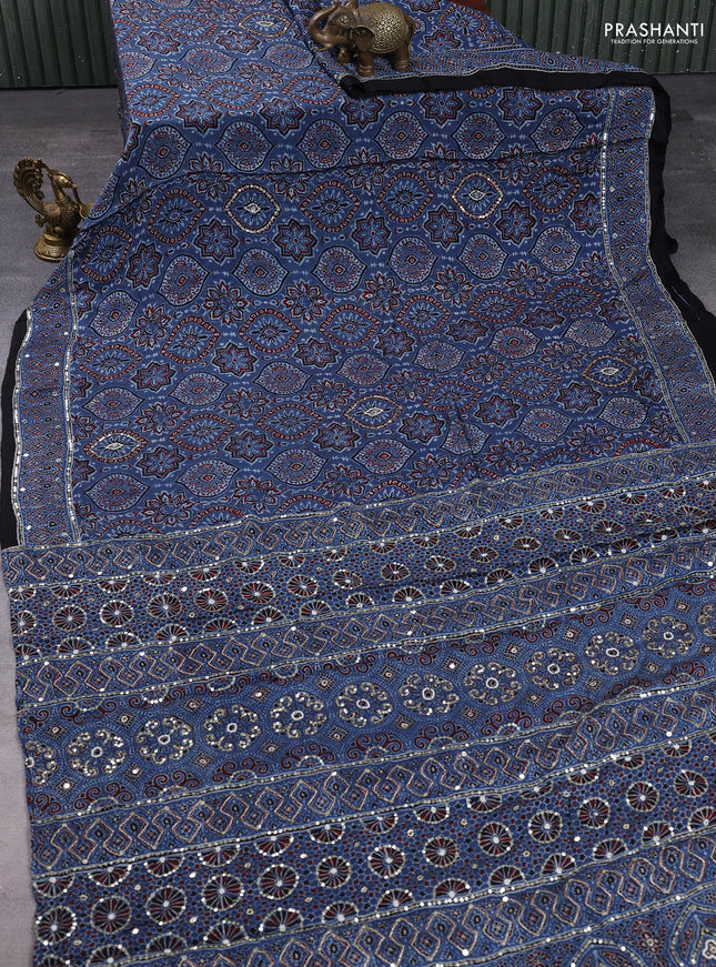 Modal silk saree indigo blue and black with allover ajrakh prints & sequin work and mirror sequin work pallu