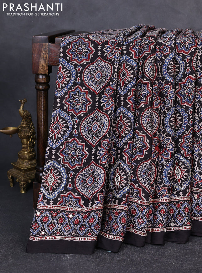 Modal silk saree black with allover ajrakh prints & sequin work and mirror sequin work pallu