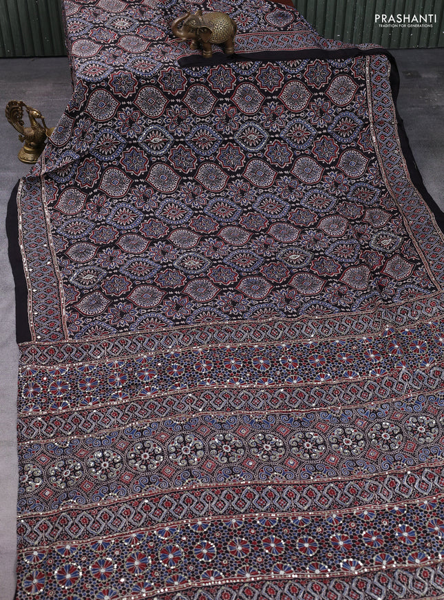 Modal silk saree black with allover ajrakh prints & sequin work and mirror sequin work pallu