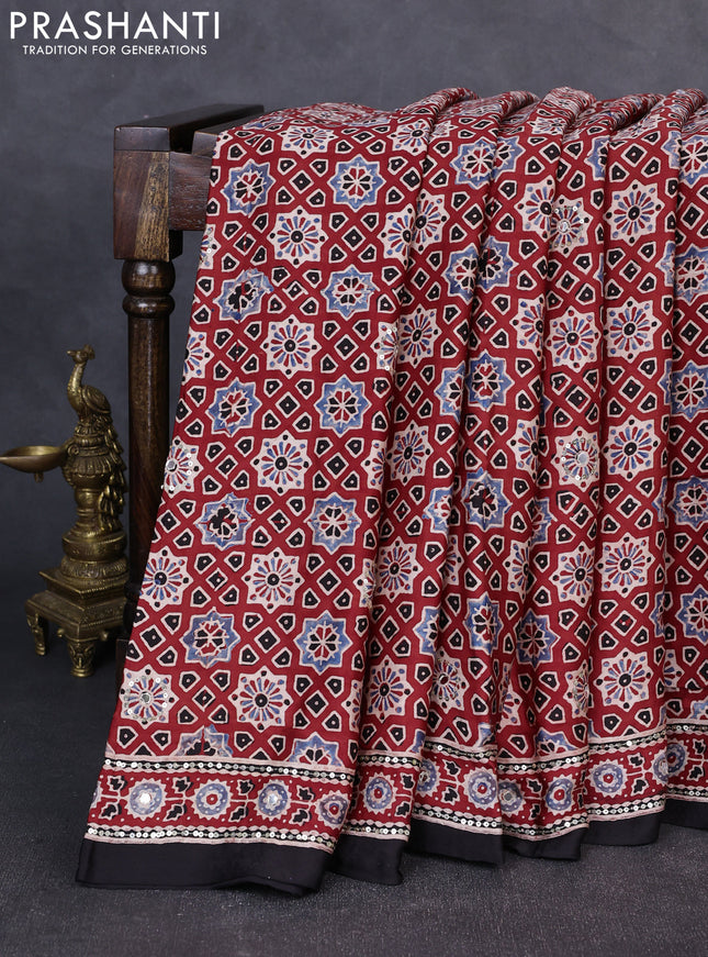 Modal silk saree maroon and black with allover ajrakh prints & sequin work and mirror sequin work pallu