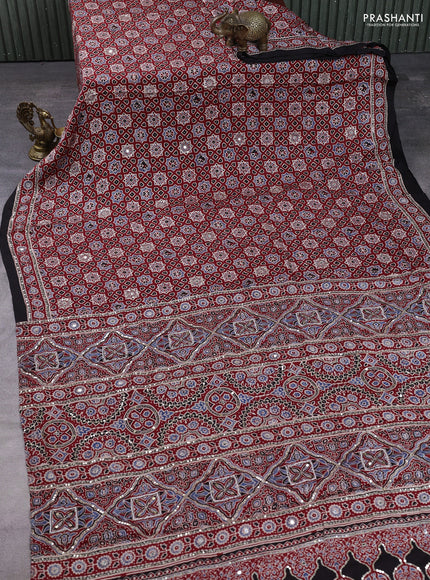 Modal silk saree maroon and black with allover ajrakh prints & sequin work and mirror sequin work pallu