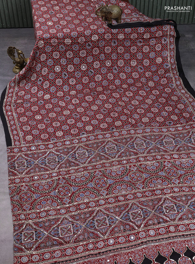 Modal silk saree maroon and black with allover ajrakh prints & sequin work and mirror sequin work pallu