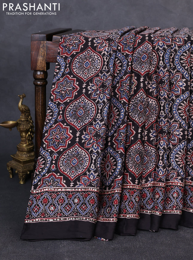 Modal silk saree black with allover ajrakh prints & sequin work and mirror sequin work pallu