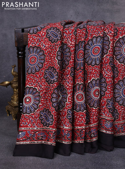 Modal silk saree maroon and black with allover ajrakh prints & sequin work and mirror sequin work pallu