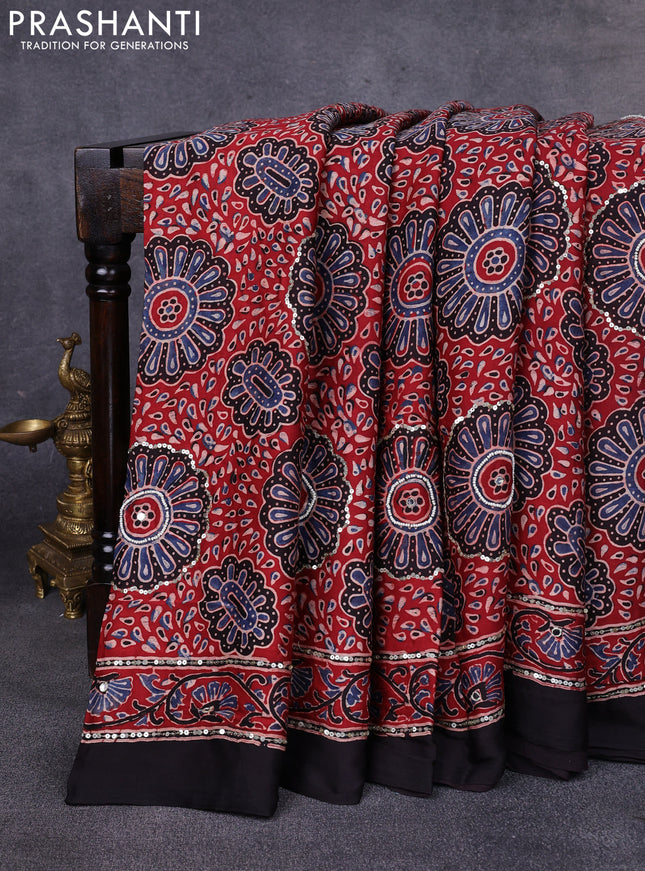 Modal silk saree maroon and black with allover ajrakh prints & sequin work and mirror sequin work pallu