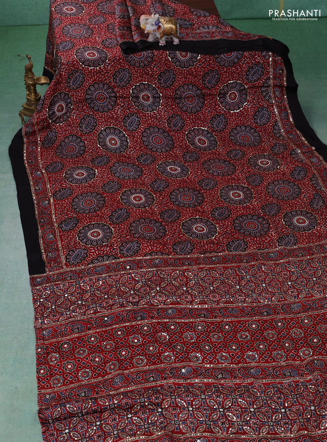 Modal silk saree maroon and black with allover ajrakh prints & sequin work and mirror sequin work pallu