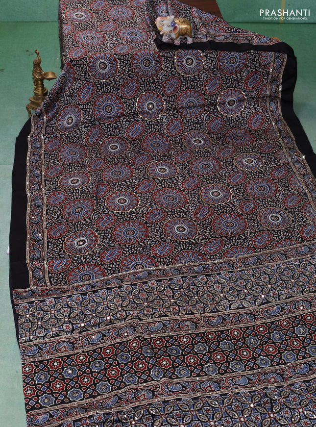 Modal silk saree black with allover ajrakh prints & sequin work and mirror sequin work pallu