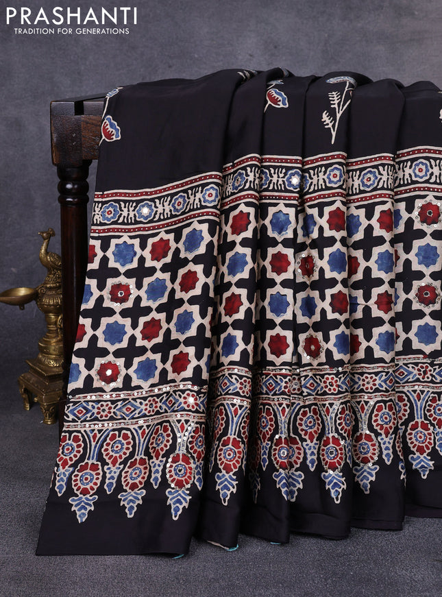 Modal silk saree black with allover ajrakh prints & sequin work and mirror sequin work pallu
