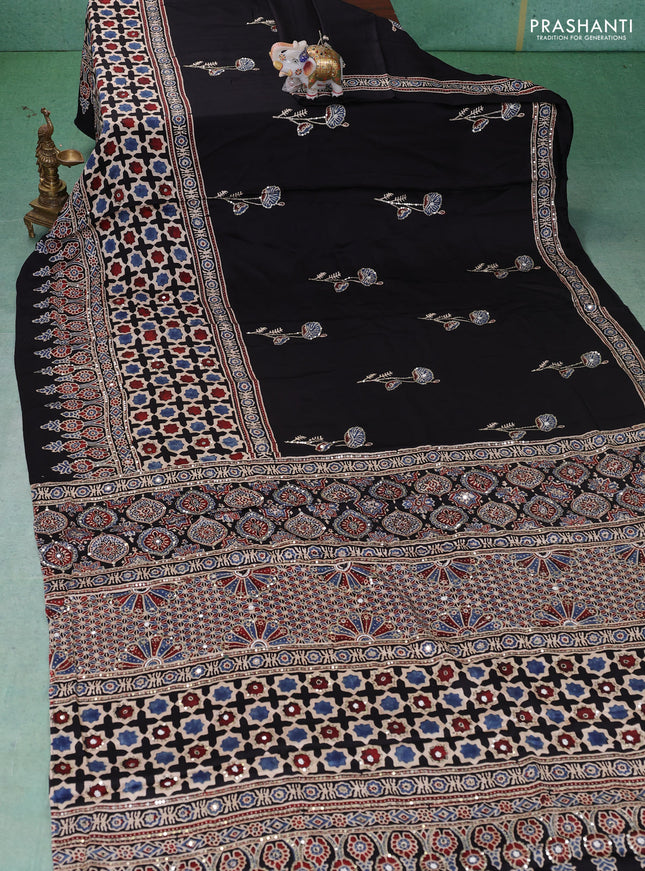 Modal silk saree black with allover ajrakh prints & sequin work and mirror sequin work pallu