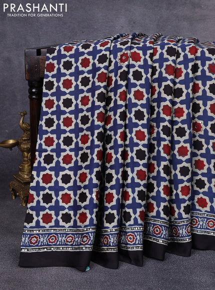 Modal silk saree indigo blue and black with allover ajrakh prints & sequin work and mirror sequin work pallu