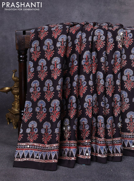 Modal silk saree black with allover ajrakh prints & sequin work and mirror sequin work pallu