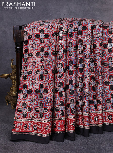 Modal silk saree maroon and black with allover ajrakh prints & sequin work and mirror sequin work pallu